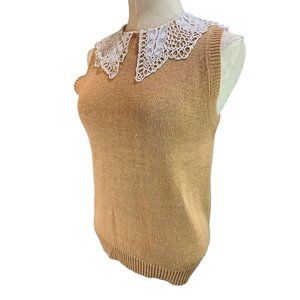 Large Soft Appeal Vintage Brown Crochet Collar Women's Sleeveless Tan Sweater